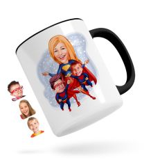 Kişiye Özel Süper Anne ve Çocuklar Karikatürlü Siyah Kupa Bardak
