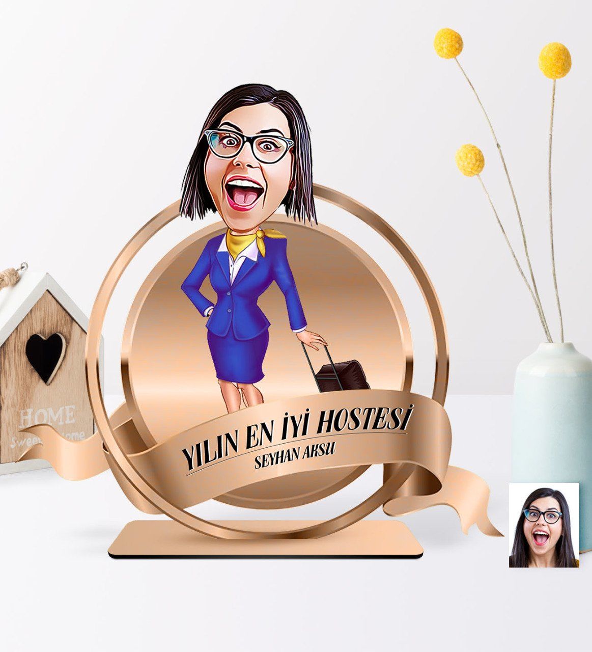 Kişiye Özel Yılın En İyi Hostesi Karikatürlü 3D Ahşap Biblo Plaket - 2