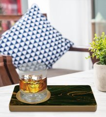 Kişiye Özel Mermer Tasarımlı Doğal Ahşap Tabaklı Viski Bardağı Sunum Seti Model 4
