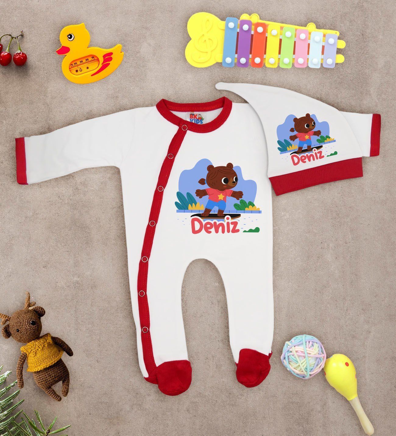 BK Kids Kişiye Özel Bebek Kıyafeti, Bebek Giyim Hediyesi, Tulum Zıbın ve Kukuletalı Şapka Seti-9