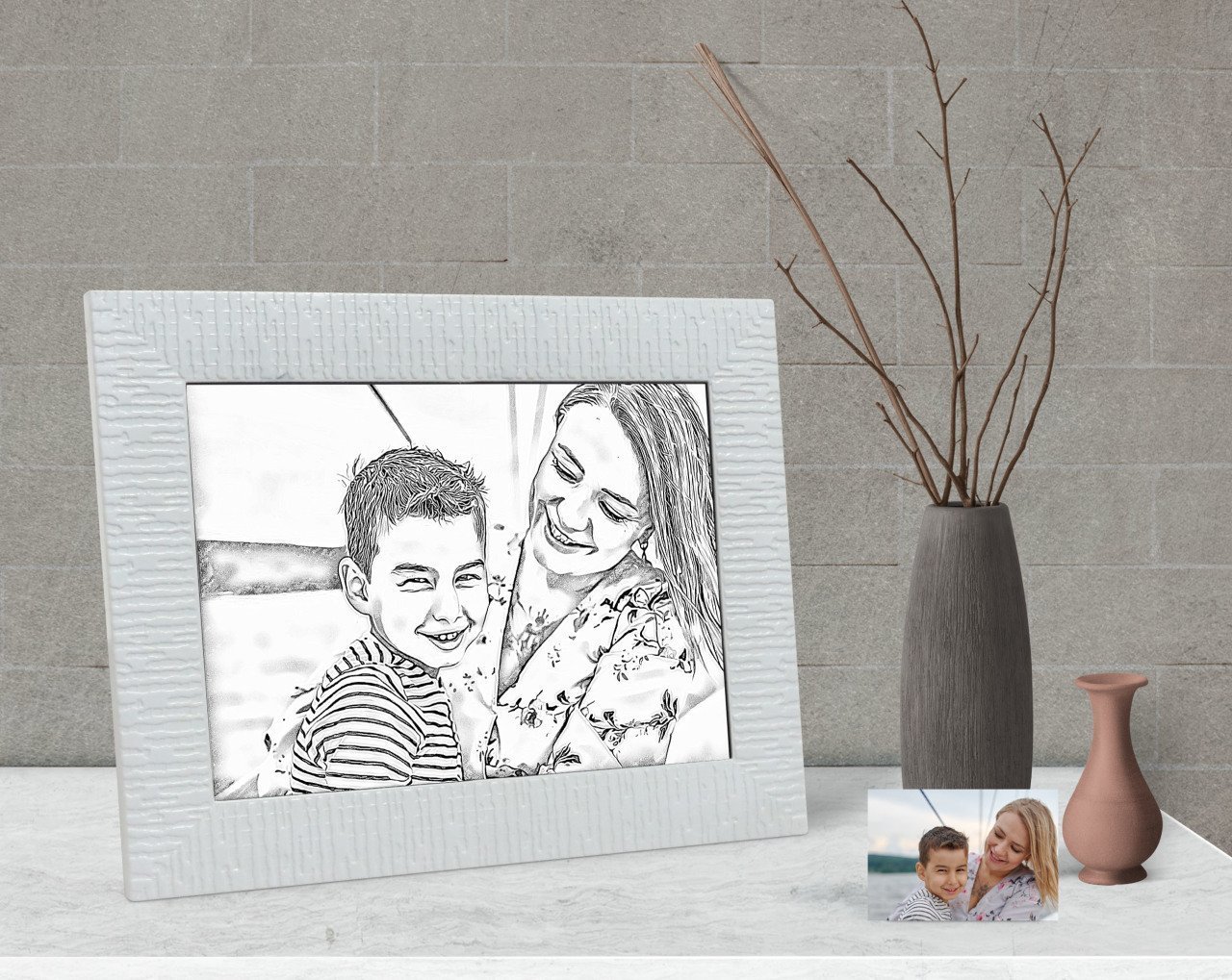 Kişiye Özel Tam Boy Karakalem Anne ve Oğul Karikatürlü Dekoratif Çerçeve-1