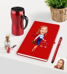 Kişiye Özel Bayan Avukat Karikatürlü Kırmızı Defter Kalem ve Termos Mug Seti  - 3