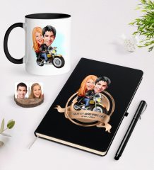 Kişiye Özel Yılın En Mükemmel Çifti Karikatürlü Siyah Defter Kalem ve Kupa Seti-17