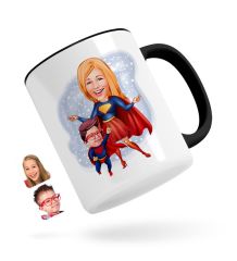Kişiye Özel Süper Anne ve Çocuk Karikatürlü Siyah Kupa Bardak