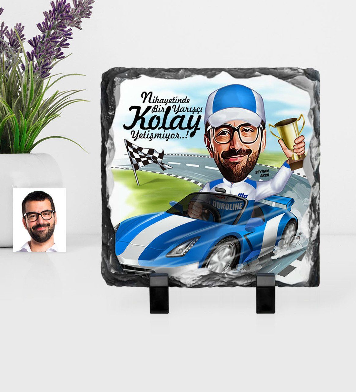 Kişiye Özel Bay Rallici Karikatürlü Dekoratif Doğal Taş - 1