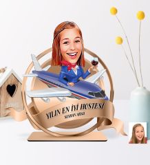 Kişiye Özel Yılın En İyi Hostesi Karikatürlü 3D Ahşap Biblo Plaket - 1