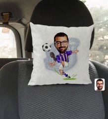 Kişiye Özel Sarı Lacivert Futbolcu Karikatürlü Kare Araç Koltuk Yastığı-1