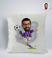 Kişiye Özel Sarı Lacivert Futbolcu Karikatürlü Kare Araç Koltuk Yastığı-1