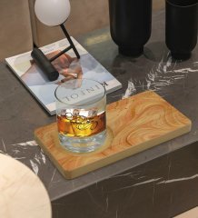 Kişiye Özel Mermer Tasarımlı Doğal Ahşap Tabaklı Viski Bardağı Sunum Seti Model 3