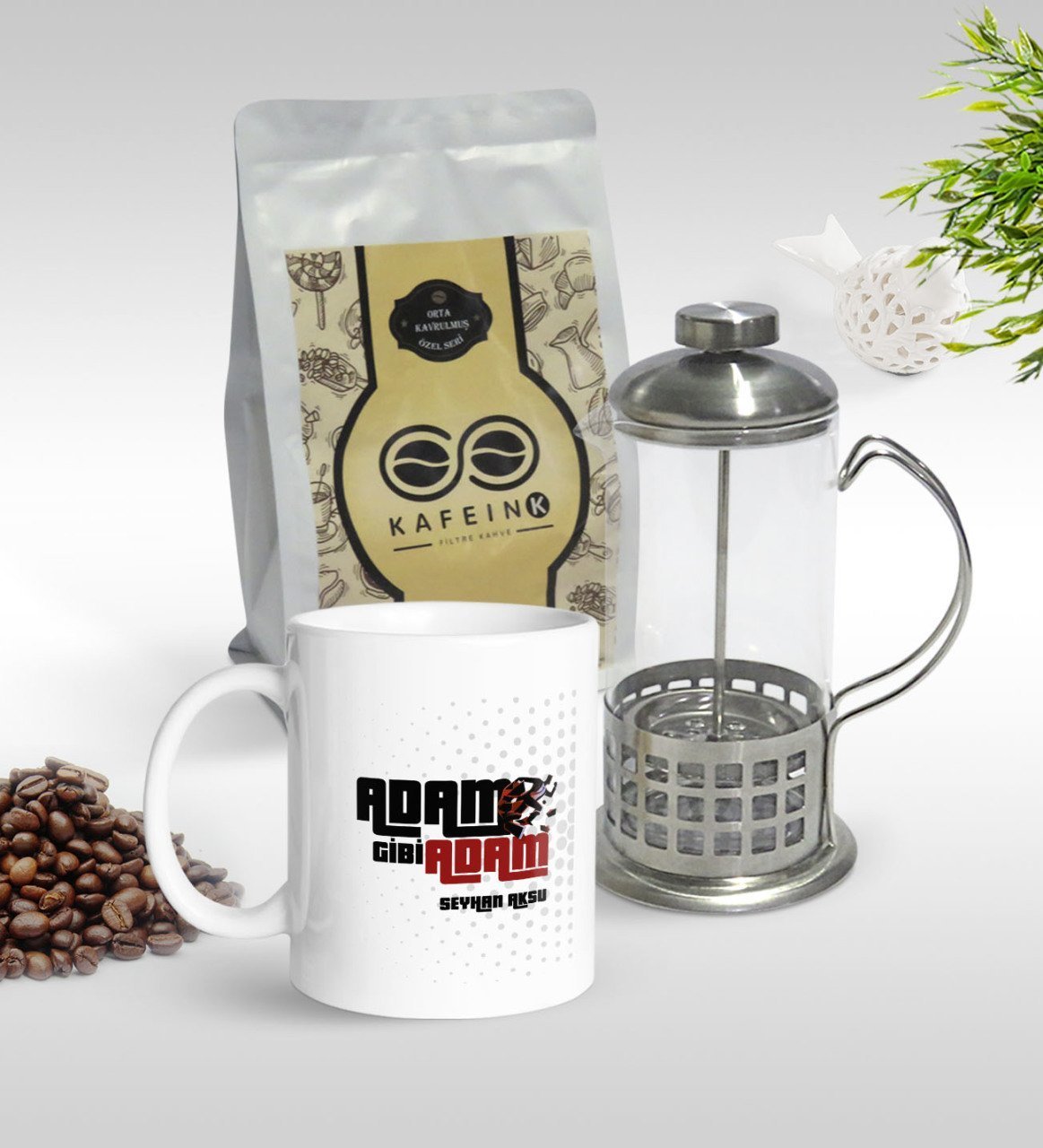 Kişiye Özel Adam Gibi Adam Tasarımlı Kupa & French Press & 250gr Filtre Kahve Hediye Seti-1