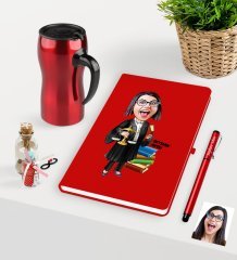 Kişiye Özel Bayan Avukat Karikatürlü Kırmızı Defter Kalem ve Termos Mug Seti  - 2