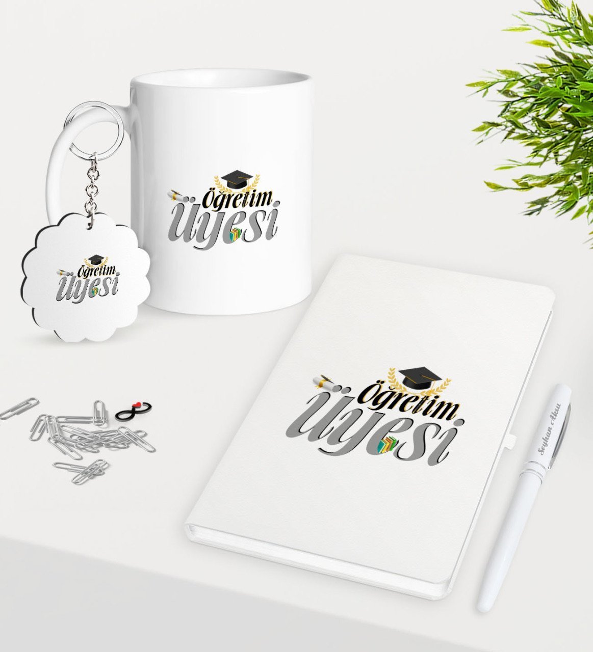 Kişiye Özel Öğretim Üyesi Kupa Anahtarlık Beyaz Defter Kalem Hediye Seti-2