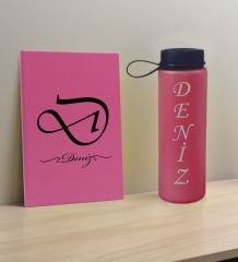 BK Gift Kişiye Özel İsimli Pembe Defter ve Fuşya Cam Matara Hediye Seti-2, Sevgiliye Hediye, Arkadaşa Hediye, Yeni İş Hediyesi