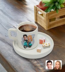 Kişiye Özel Sunum Tabaklı Sevgililer Karikatürlü Türk Kahvesi Fincanı Model 99