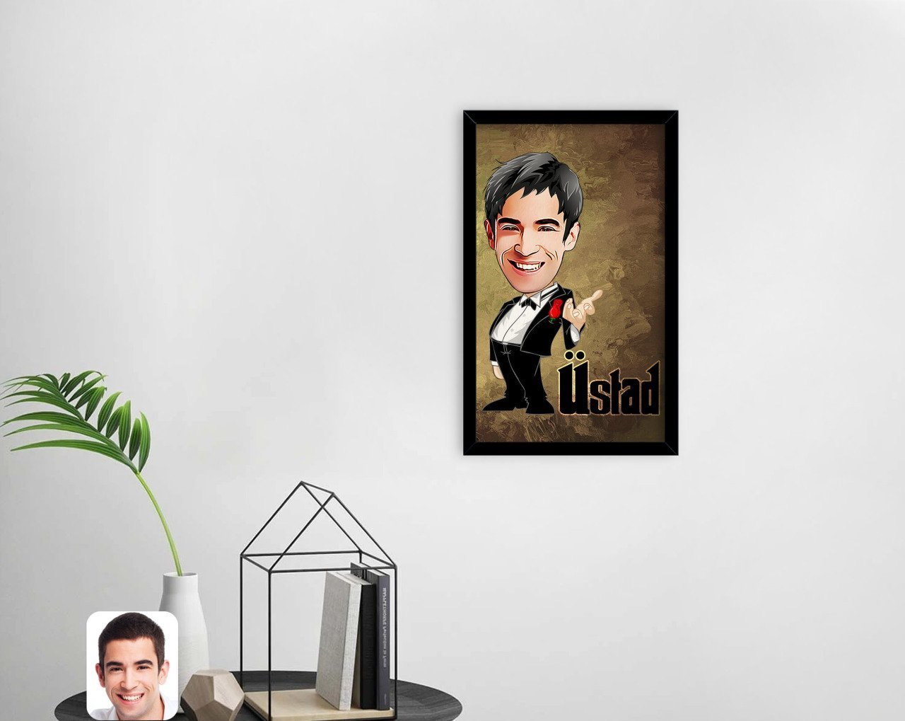 Kişiye Özel Üstad Karikatürlü Dekoratif Ahşap Siyah Çerçeveli Tablo-1