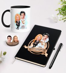 Kişiye Özel Yılın En Mükemmel Çifti Karikatürlü Siyah Defter Kalem ve Kupa Seti-16