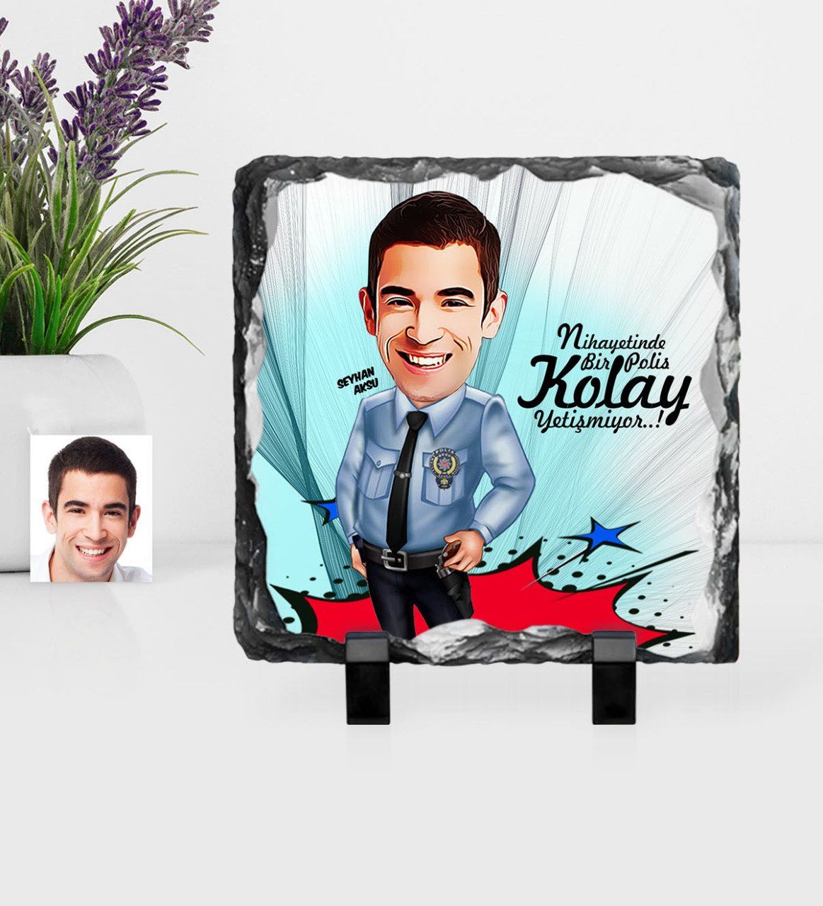 Kişiye Özel Bay Polis Karikatürlü Dekoratif Doğal Taş - 1