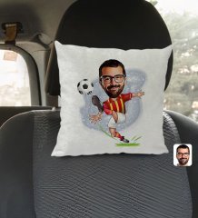 Kişiye Özel Sarı Kırmızı Futbolcu Karikatürlü Kare Araç Koltuk Yastığı-1