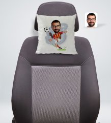 Kişiye Özel Sarı Kırmızı Futbolcu Karikatürlü Kare Araç Koltuk Yastığı-1