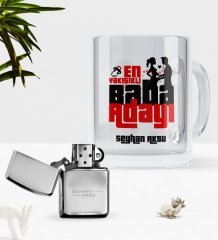 Kişiye Özel En Yakışıklı Baba Adayı Cam Kupa Bardak Benzinli Metal Çakmak Seti