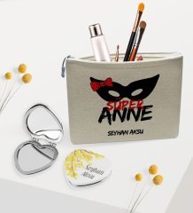 Kişiye Özel Süper Anne Keten Makyaj Çantası ve Kalp Ayna Hediye Seti-1