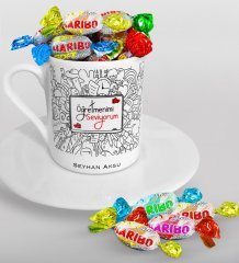 Kişiye Özel Öğretmenimi Seviyorum Türk Kahvesi Fincanı ve Haribo Şeker Hediye Seti-1