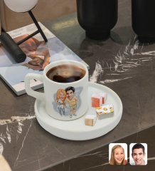 Kişiye Özel Sunum Tabaklı Sevgililer Karikatürlü Türk Kahvesi Fincanı Model 98