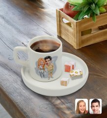 Kişiye Özel Sunum Tabaklı Sevgililer Karikatürlü Türk Kahvesi Fincanı Model 98