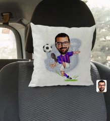 Kişiye Özel Bordo Mavi Futbolcu Karikatürlü Kare Araç Koltuk Yastığı-1