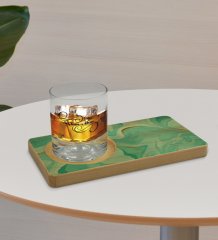 Kişiye Özel Mermer Tasarımlı Doğal Ahşap Tabaklı Viski Bardağı Sunum Seti Model 1