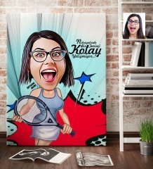 Kişiye Özel Bayan Tenis Oyuncusu Karikatür Kanvas Tablo (70 x 100 cm.) 1
