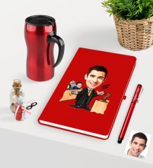 Kişiye Özel Bay Avukat Karikatürlü Kırmızı Defter Kalem ve Termos Mug Seti  - 3