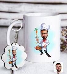Kişiye Özel Erkek Chef Karikatürlü Beyaz Kupa ve Anahtarlık Hediye Seti-1