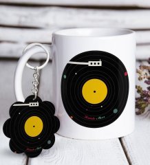 Kişiye Özel Retro Plak Beyaz Kupa ve Anahtarlık Hediye Seti