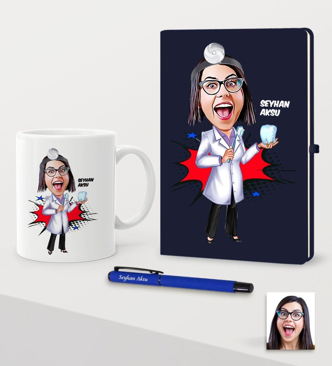 Kişiye Özel Bayan Diş Hekimi Karikatürlü Lacivert Defter Kalem Kupa Seti - 2