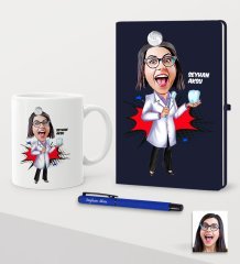 Kişiye Özel Bayan Diş Hekimi Karikatürlü Lacivert Defter Kalem Kupa Seti - 2