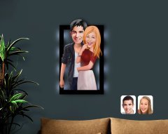 Kişiye Özel Sevgililer Karikatürlü 3D Led Işıklı Ahşap Tablo-90