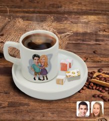 Kişiye Özel Sunum Tabaklı Sevgililer Karikatürlü Türk Kahvesi Fincanı Model 80