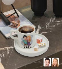 Kişiye Özel Sunum Tabaklı Sevgililer Karikatürlü Türk Kahvesi Fincanı Model 80