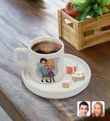 Kişiye Özel Sunum Tabaklı Sevgililer Karikatürlü Türk Kahvesi Fincanı Model 80