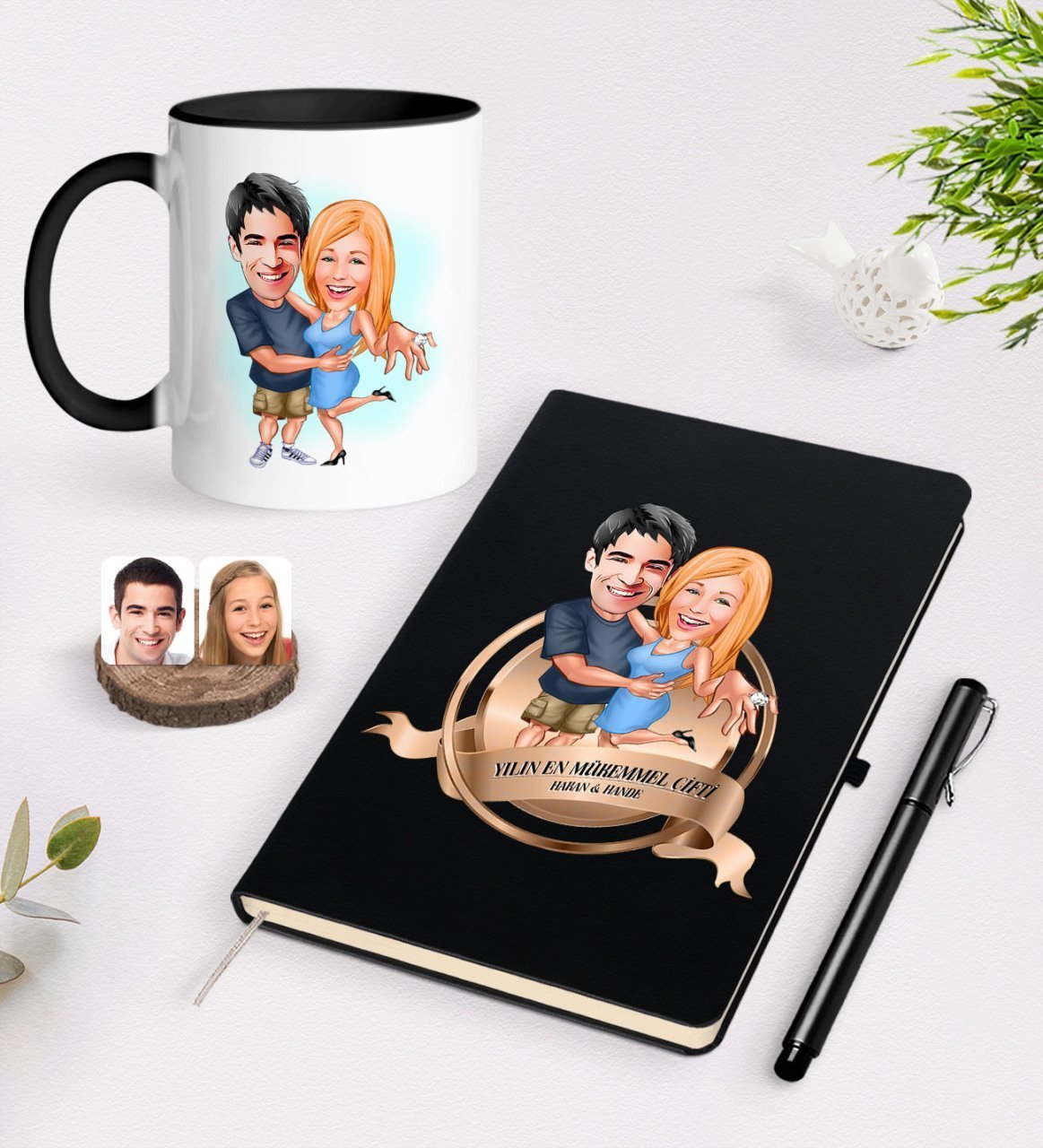 Kişiye Özel Yılın En Mükemmel Çifti Karikatürlü Siyah Defter Kalem ve Kupa Seti-14