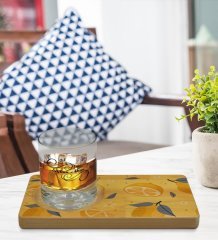 Kişiye Özel Limon Tasarımlı Doğal Ahşap Tabaklı Viski Bardağı Sunum Seti Model 2