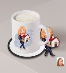 Kişiye Özel Kadın Emlakçı Karikatürlü Beyaz Kupa ve Ahşap Bardak Altlığı Hediye Seti-1