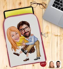 Kişiye Özel Sevgililer Karikatürlü Taşınabilir Koruyucu Tablet Kılıfı & Organizer Çanta - Pembe-102