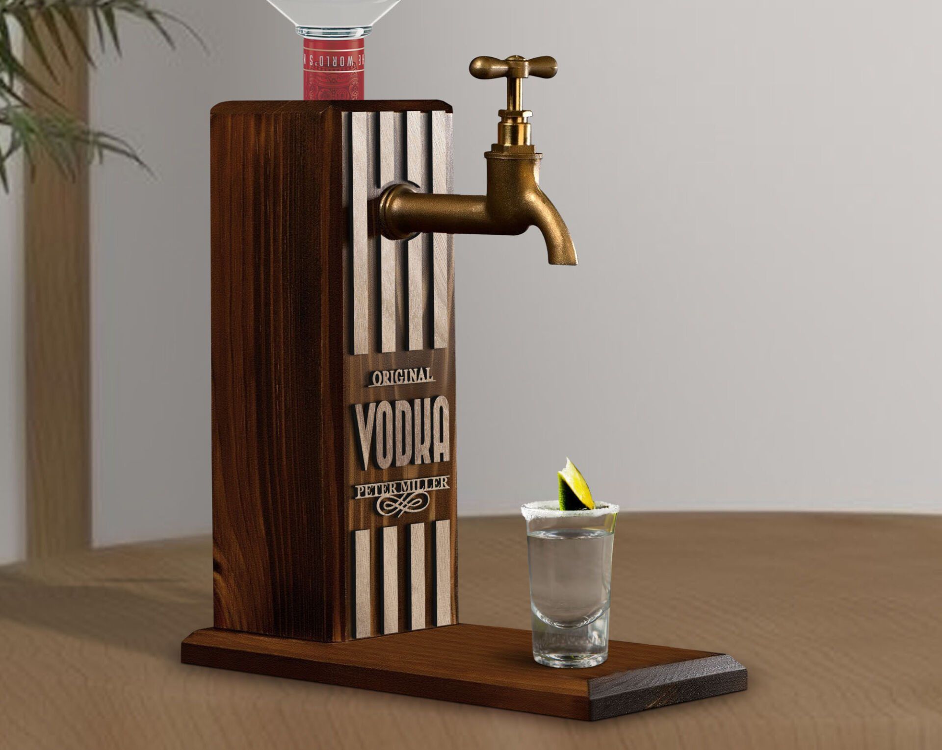 BK Gift Kişiye Özel Kabartma İsimli Musluklu Ceviz Ahşap Vodka Standı, Vodka Çeşmesi, Doğum Günü Hediyesi, Ev Hediyesi, İçecek Dispenseri-1