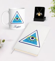 Kişiye Özel Nazar Temalı Beyaz Defter Kupa ve Açılan Nazar Kolye Hediye Seti-4