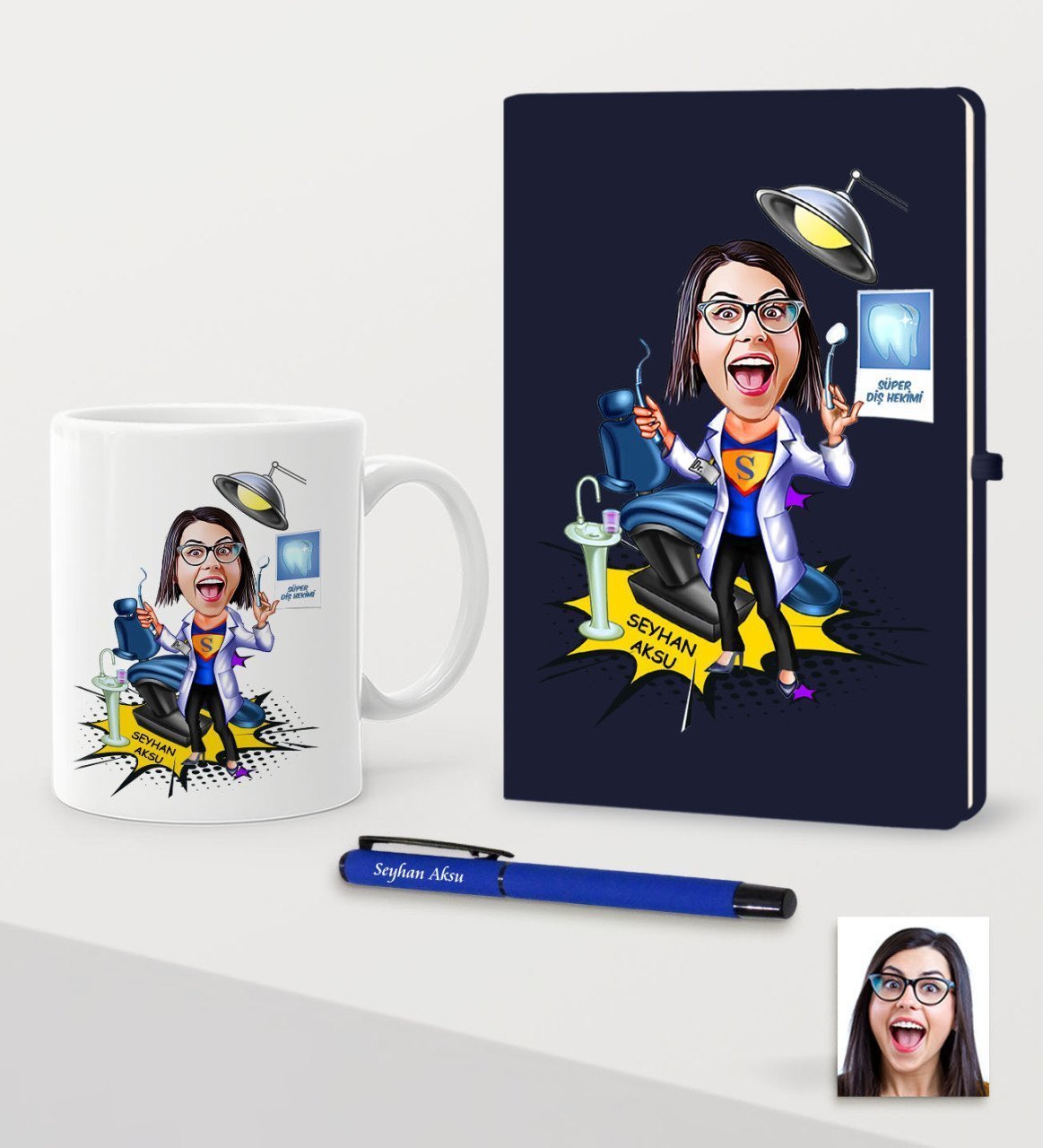 Kişiye Özel Bayan Diş Hekimi Karikatürlü Lacivert Defter Kalem Kupa Seti - 1