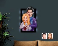 Kişiye Özel Sevgililer Karikatürlü 3D Led Işıklı Ahşap Tablo-89