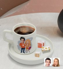 Kişiye Özel Sunum Tabaklı Sevgililer Karikatürlü Türk Kahvesi Fincanı Model 54