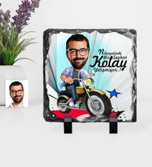 Kişiye Özel Bay Motorcu Karikatürlü Dekoratif Doğal Taş - 1